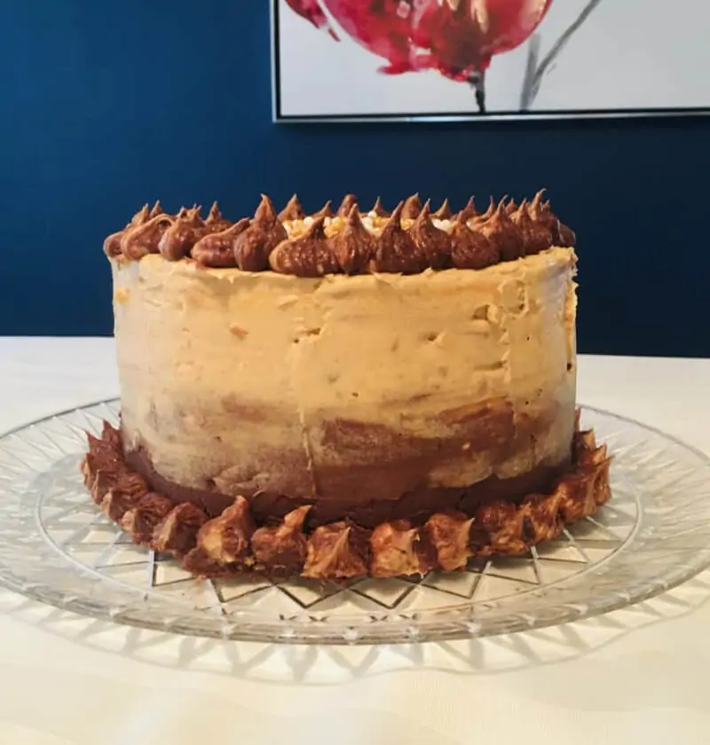 Fluffy Banana Cake with Chocolate and Peanut Butter Frosting